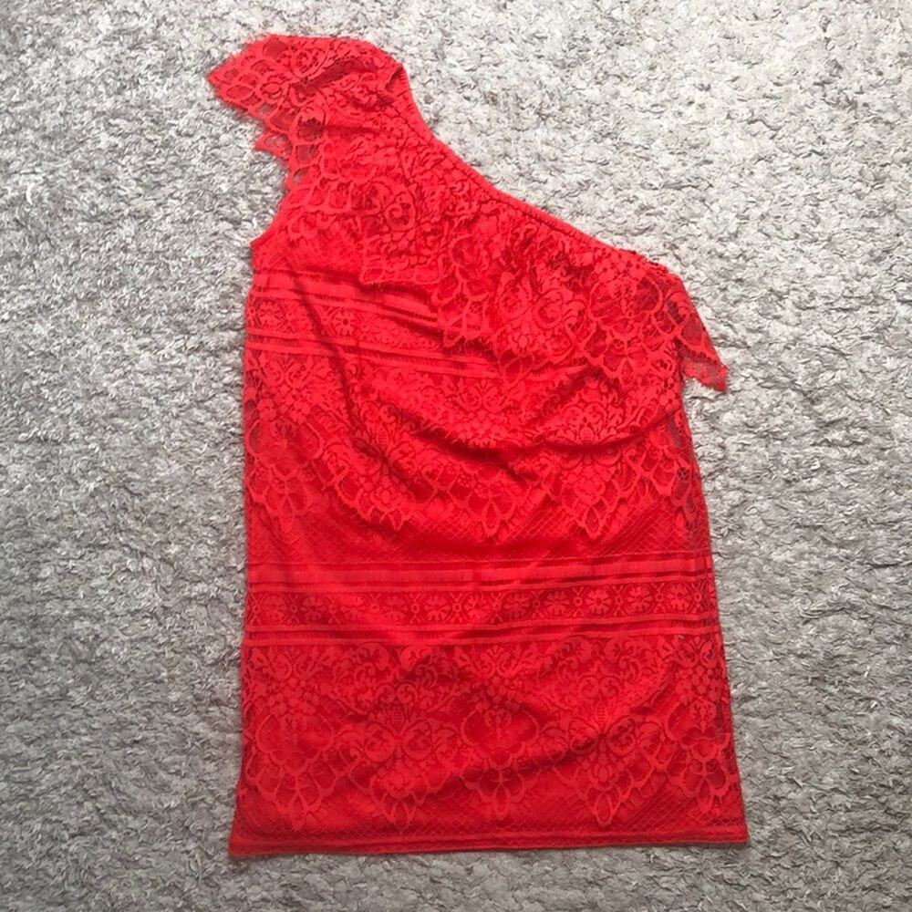 Love, fire pink hibiscus one shoulder lace top